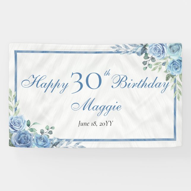 Banderoles Elégante Blue Rose Floral Frame 30e fête d'anniver (Horizontal)