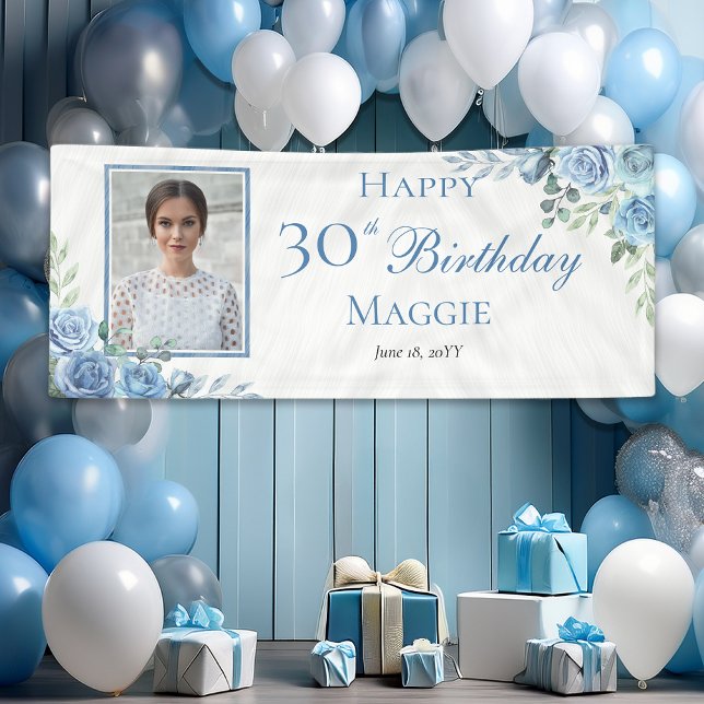Banderoles Elégante Blue Rose Floral Frame 30e fête d'anniver (Elegant Blue Rose Floral Photo Frame 30th Birthday Party Horizontal Banner)