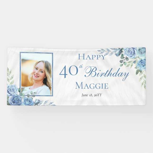 Banderoles Elégante Blue Rose Floral Frame 40e Anniversaire (Horizontal)