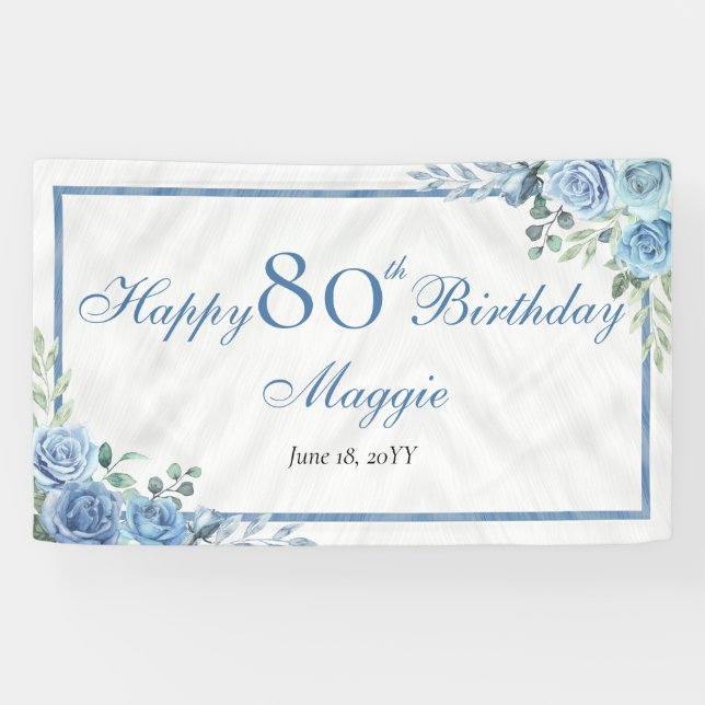 Banderoles Elégante Blue Rose Floral Frame 80e Anniversaire (Horizontal)