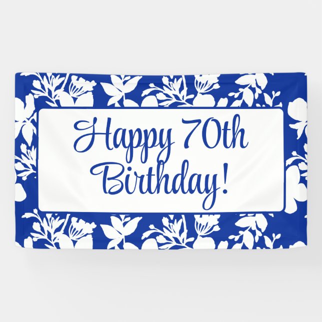 Banderoles Elégante Blue White Floral 70e fête d'anniversaire (Horizontal)