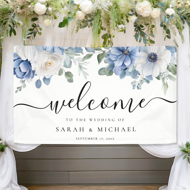 Banderoles Elégante Dusty Blue Floral Mariage Bienvenue (Créateur téléchargé)