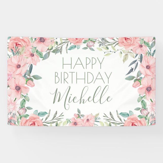 Banderoles Elégante Fleurs Roses Bleues Joyeuses Anniversaire (Horizontal)