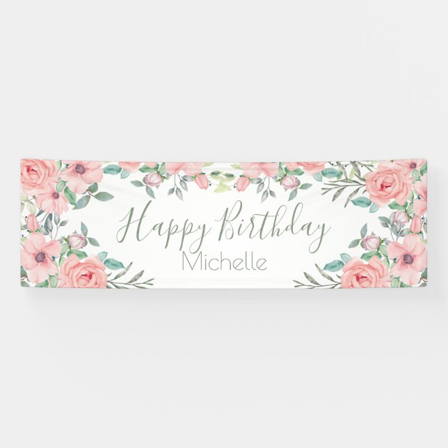 Banderoles Elégante Fleurs Roses Bleues Joyeuses Anniversaire (Horizontal)