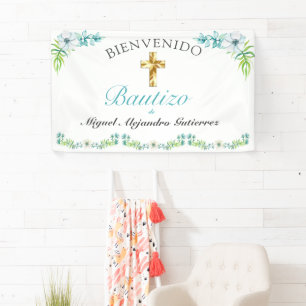 Banderoles Elegante Flores Cruz Para Niño Bautizo Bienvenido