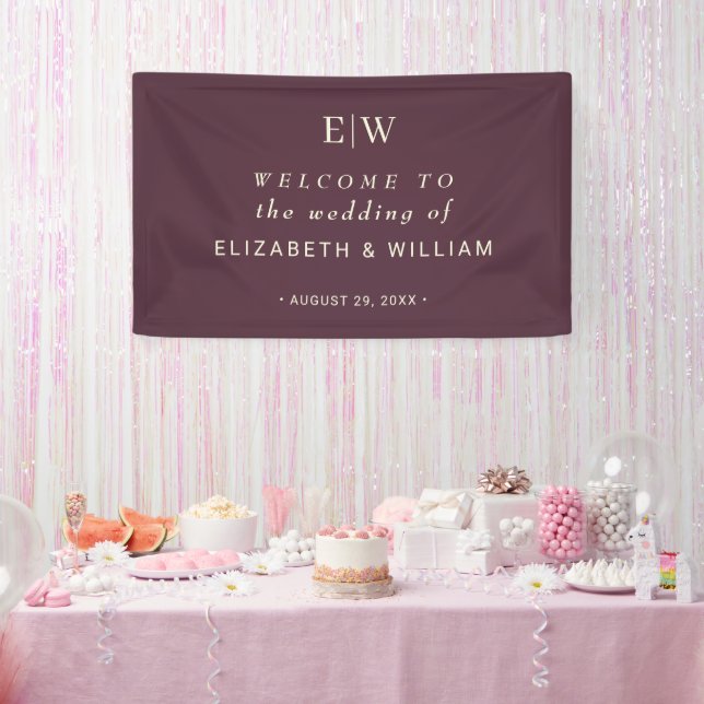Banderoles Elégante laque simple cerise, Mariage Monogramme (Fête)