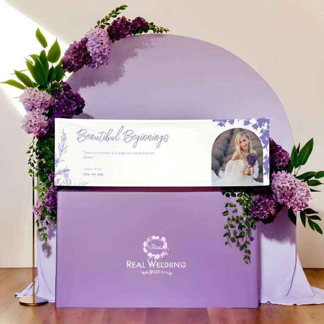 Banderoles Élégante Lavande de beaux débuts avec personnalisa (Elegant Lavender Beautiful Beginnings with Custom text & photo Banner for weddings and any event)