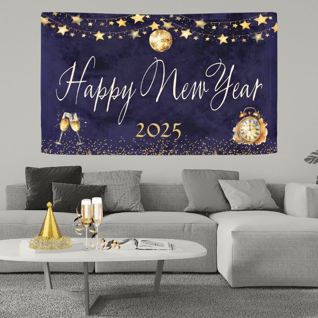 Banderoles Elégante Parties scintillant Gold Bonne fête du No (Elegant New Year’s Banner – Watercolor Blue & Gold with Disco Ball, Stars & Champagne Glasses)