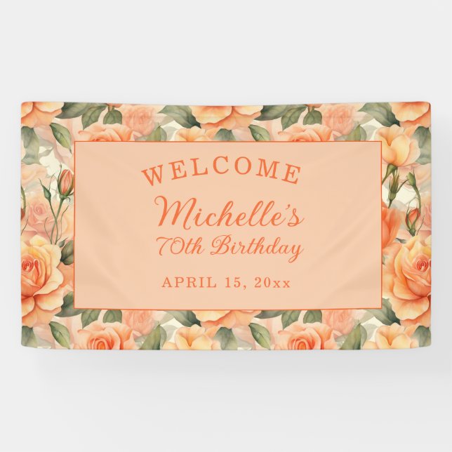 Banderoles Elégante Pêche Orange Floral Roses 70e anniversair (Horizontal)