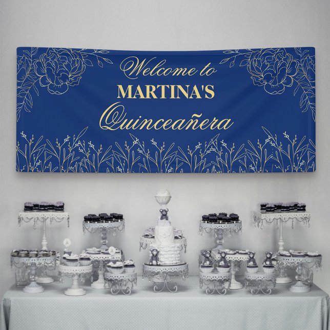 Banderoles Elégante Quinceanera Royal Blue Gold Floral Bienve (Créateur téléchargé)