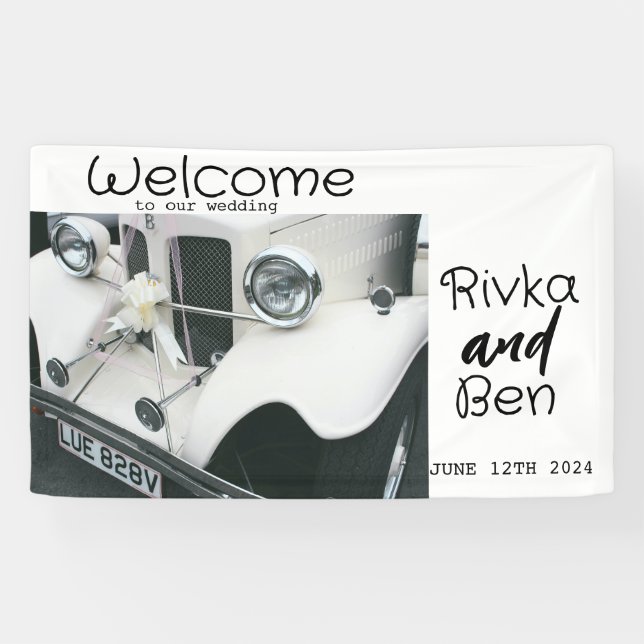 Banderoles Élégante voiture Mariage noir et blanc (Horizontal)