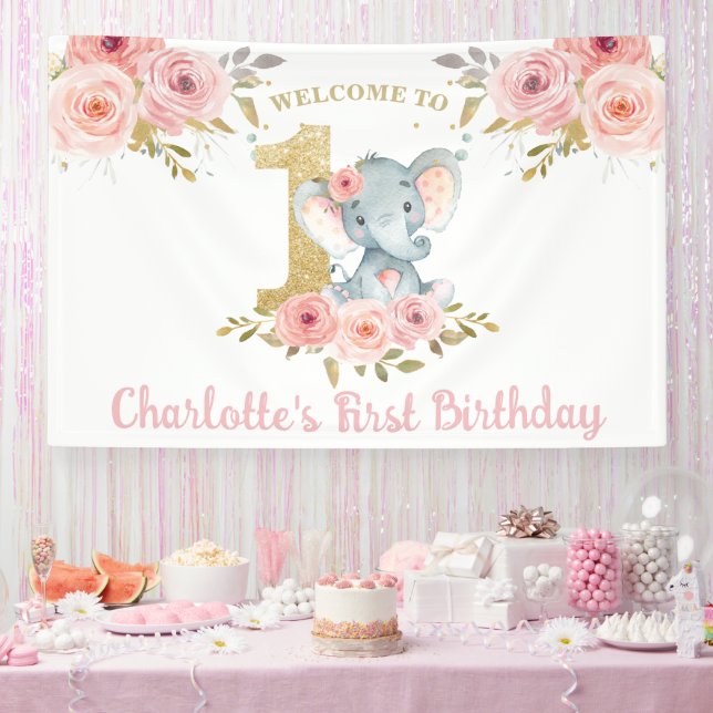 Banderoles Elephant 1er anniversaire un rose floral fond (Fête)