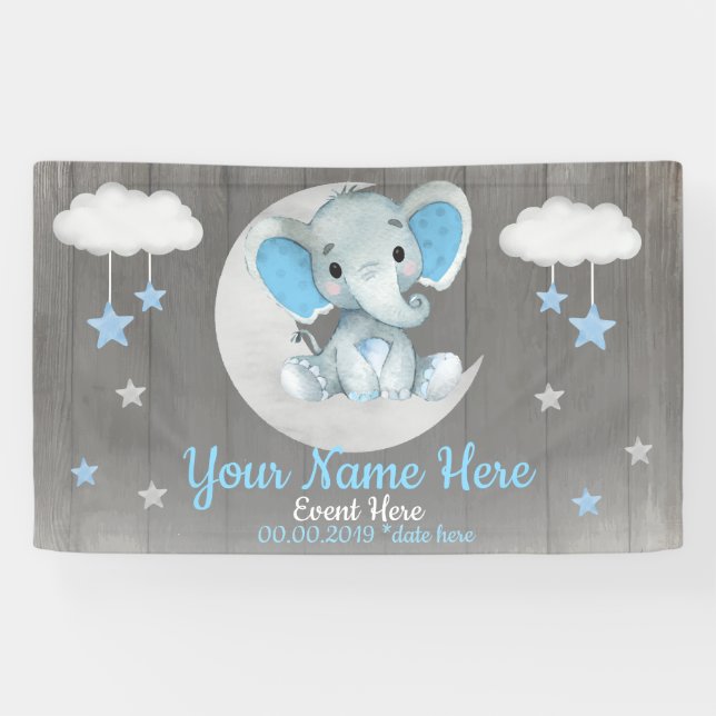 Banderoles Elephant Boy Backdrop Moon Stars Blue Name (Horizontal)