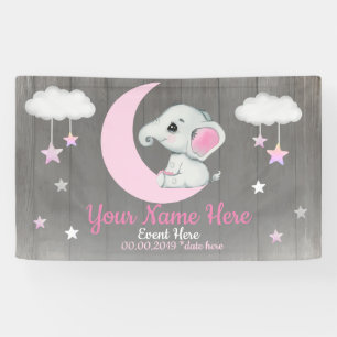 Banderoles Elephant Girl fond Lune Étoiles rose Nom Étoiles