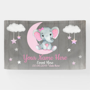 Banderoles Elephant Girl fond Lune Étoiles rose Nom Étoiles
