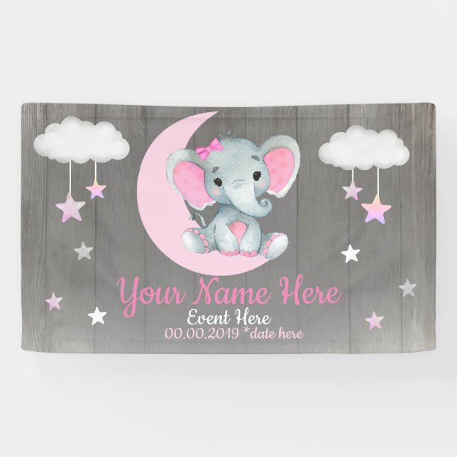 Banderoles Elephant Girl fond Lune Étoiles rose Nom Étoiles (Horizontal)