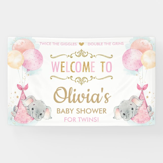Banderoles Eléphant Jumeaux Filles Baby shower fond (Horizontal)