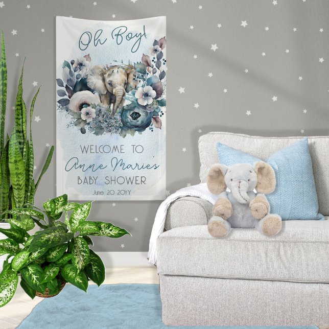 Banderoles Elephant Oh garçon Baby shower Floral bleu (Créateur téléchargé)