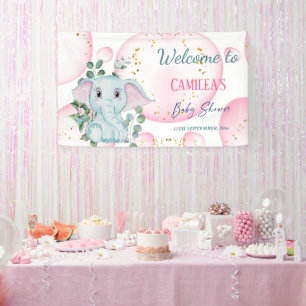 Banderoles Eléphant rose mignon avec Eucalyptus Bienvenue
