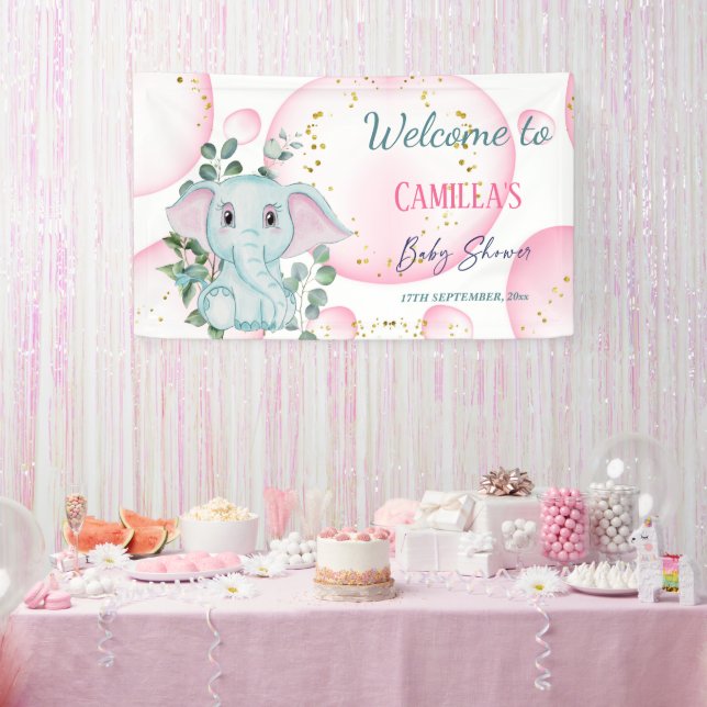 Banderoles Eléphant rose mignon avec Eucalyptus Bienvenue (Fête)