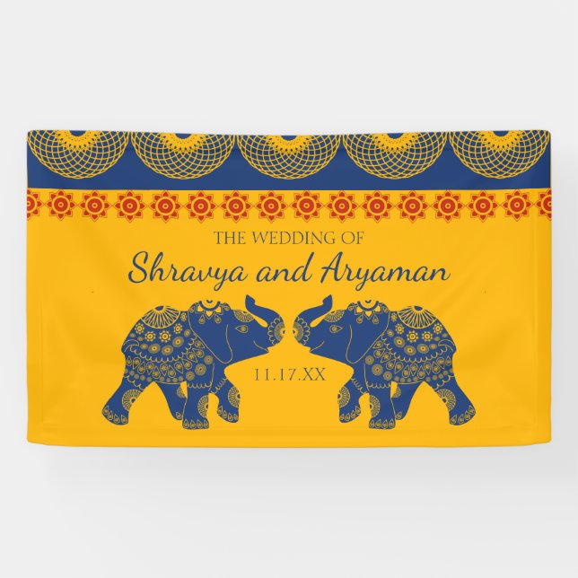 Banderoles Eléphants à thème indiens en Mariage bleu royal (Horizontal)
