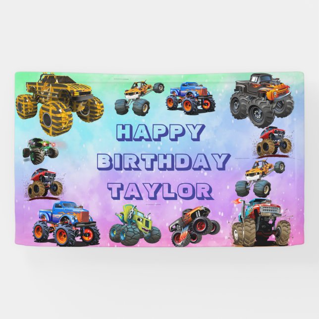 Banderoles Enfants Monster Trucks Course Voiture garçon Fête  (Horizontal)