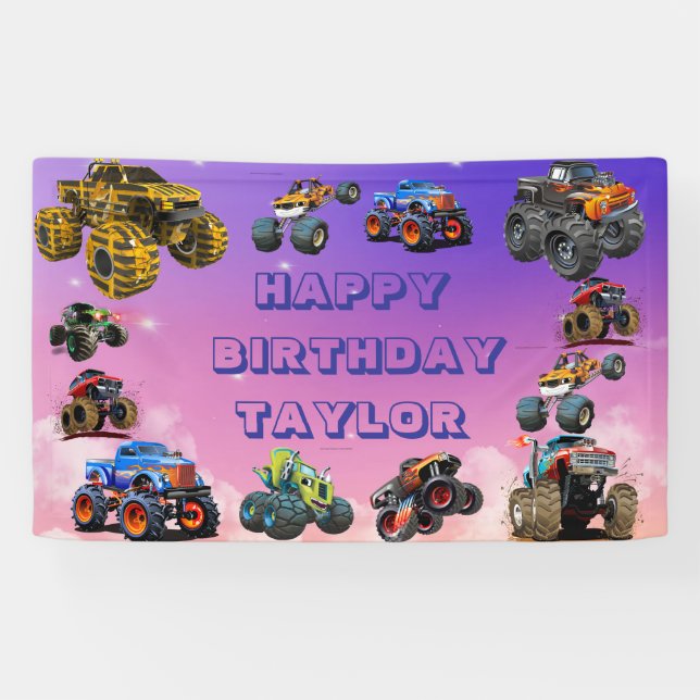 Banderoles Enfants Monster Trucks Course Voiture garçon Fête  (Horizontal)