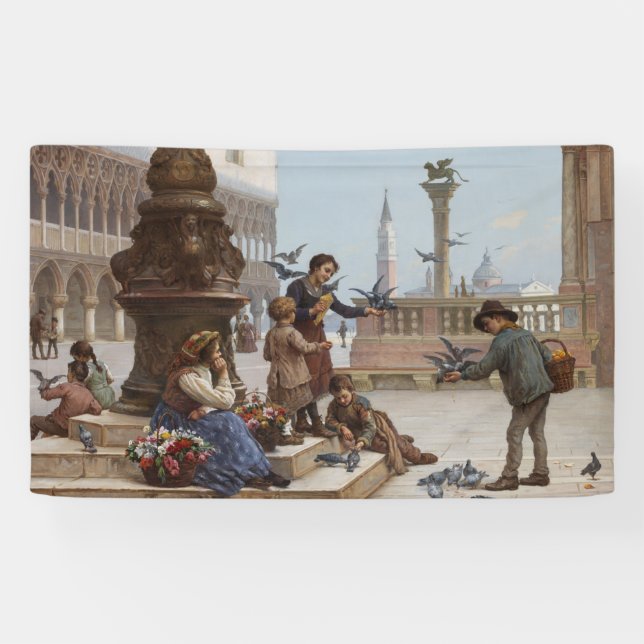 Banderoles Enfants nourrissant des pigeons à Venise (par Paol (Horizontal)