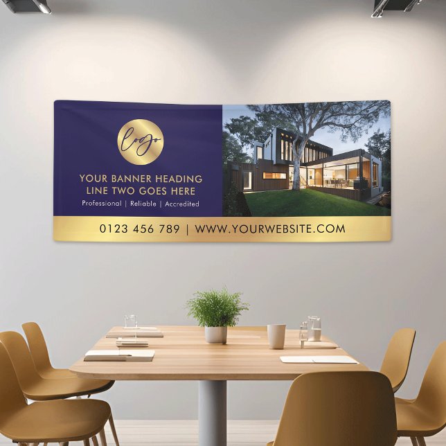 Banderoles Entreprise Marine & Gold Logo Advert Photo d'entre (Elegant business navy & gold logo promotional photo banner *mockup background photo is Ai generated)