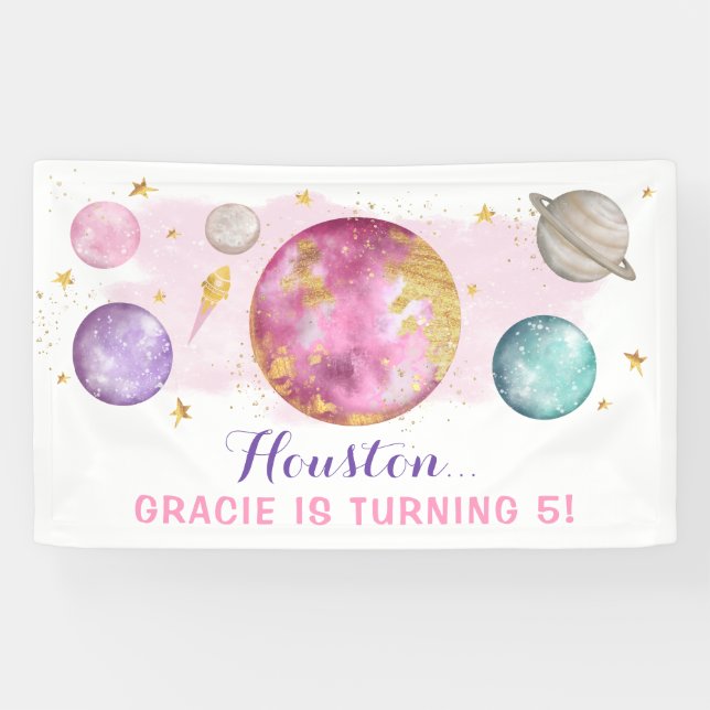 Banderoles Espace Extérieur Rose Galaxy Or rose fête d'annive (Horizontal)