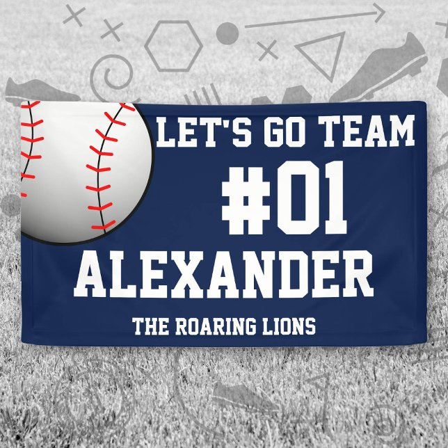 Banderoles Esprit de l'équipe de baseball blanc de la Marine (Navy and White Baseball Let's Go Team Banner. Celebrate your high school or college athlete.)