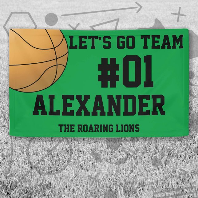 Banderoles Esprit d'équipe de basket-ball noir vert (Green and Black Baseball Let's Go Team Banner. Celebrate your high school or college athlete.)