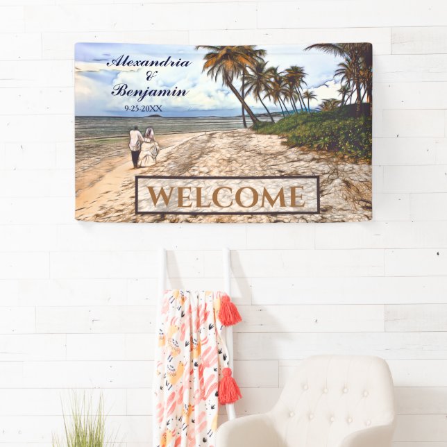 Banderoles Eté Plage tropicale Mariage Aquarelle personnalisé (En situation)