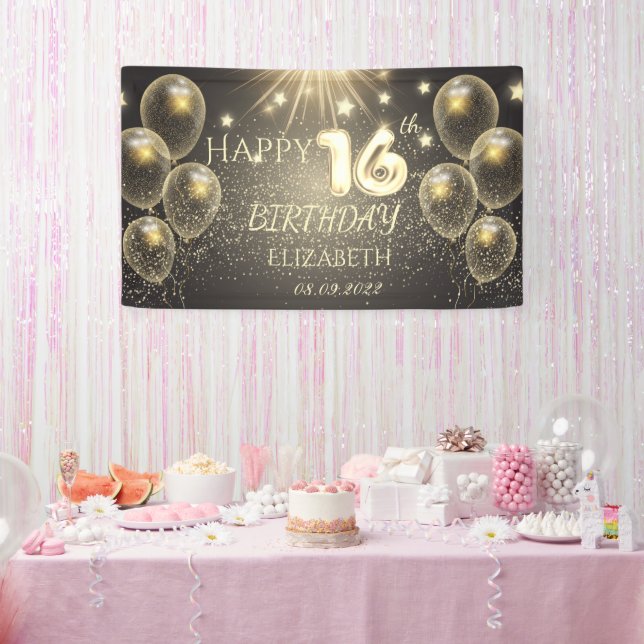 Banderoles Étoiles Chic Gold Balloons 16e anniversaire (Fête)