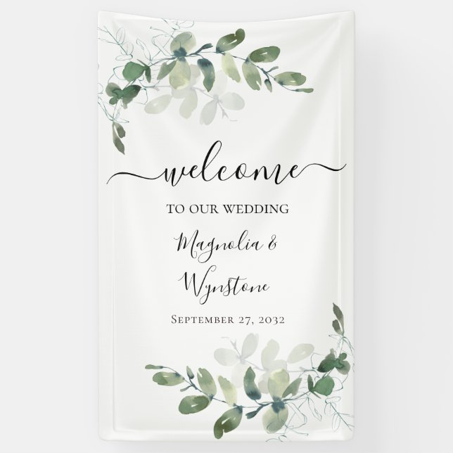 Banderoles Eucalyptus Mariage de verdure Bienvenue (Vertical)