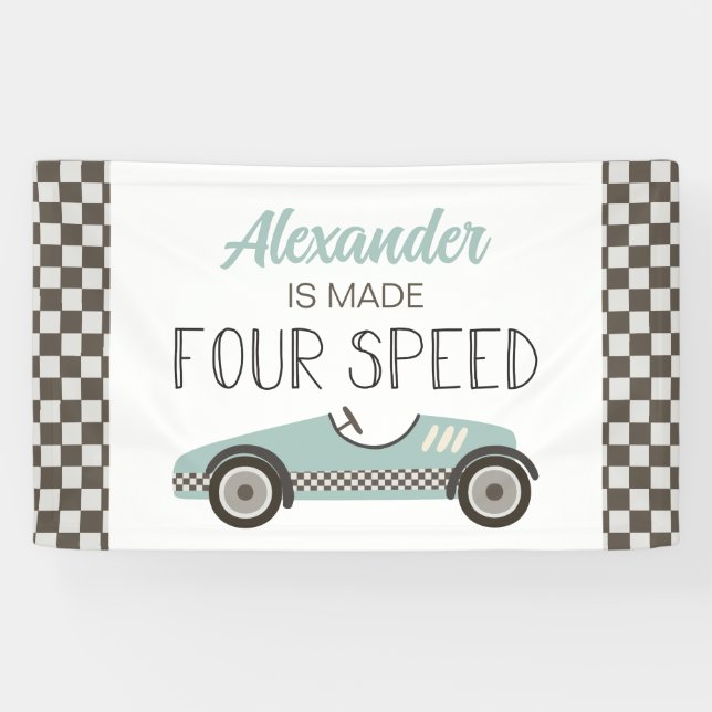 Banderoles Fabriqué 4 Speed Blue Race Car 4e Anniversaire Ban (Horizontal)