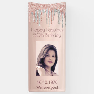 Banderoles Fabuleux anniversaire rose or photo argent gouttes