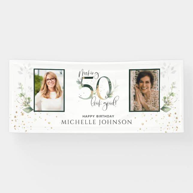 Banderoles Faire 50 look Bon Vert Gold photo Anniversaire (Horizontal)