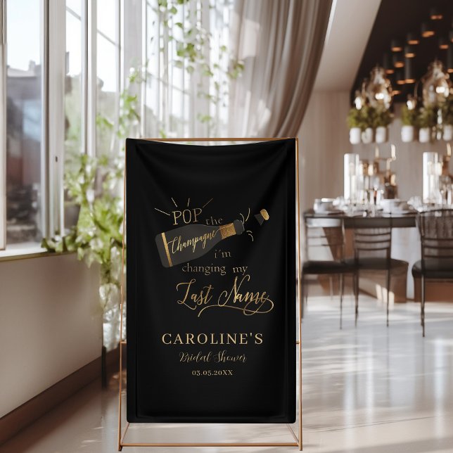 Banderoles Faire sauter le champagne je change de nom de fami ("Pop the champagne, i´m changing my last name!" Black & Gold, Bridal Shower Banner.)
