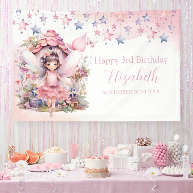Banderoles Fairy pink forest Happy Birthday  backdrop banner (Fête)