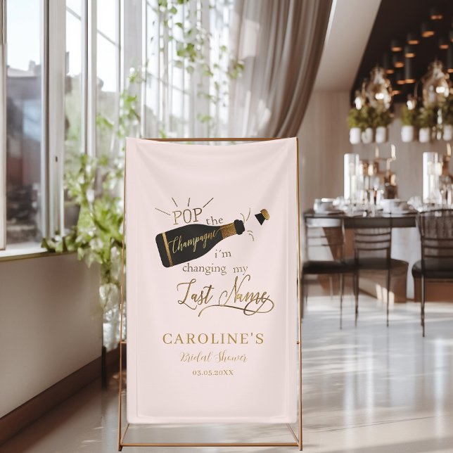 Banderoles Faites sauter le champagne je change de nom de fam ("Pop the champagne, i´m changing my last name!" Pink, Bridal Shower Banner.)
