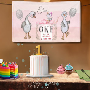 Banderoles Famille d'oies soyeux rose & bow 1er anniversaire