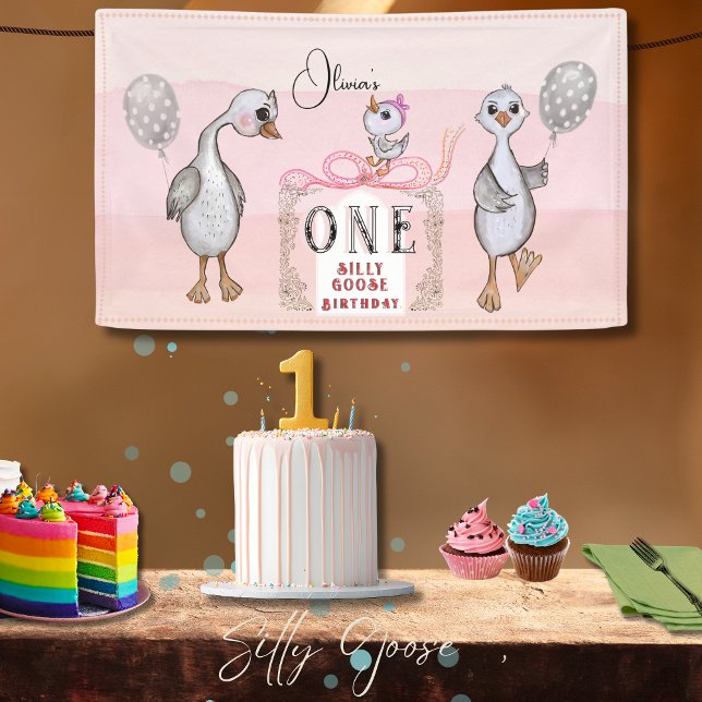 Banderoles Famille d'oies soyeux rose & bow 1er anniversaire (Silly Goose Family Pink & Bow 1st Birthday Banner)