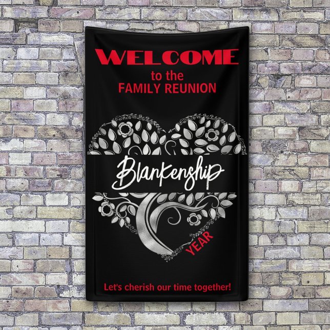 Banderoles Famille Personnalisée Réunion Coeur Arbre d'Art No (Greet the family with a silver heart tree on a red, black and white reunion banner.)