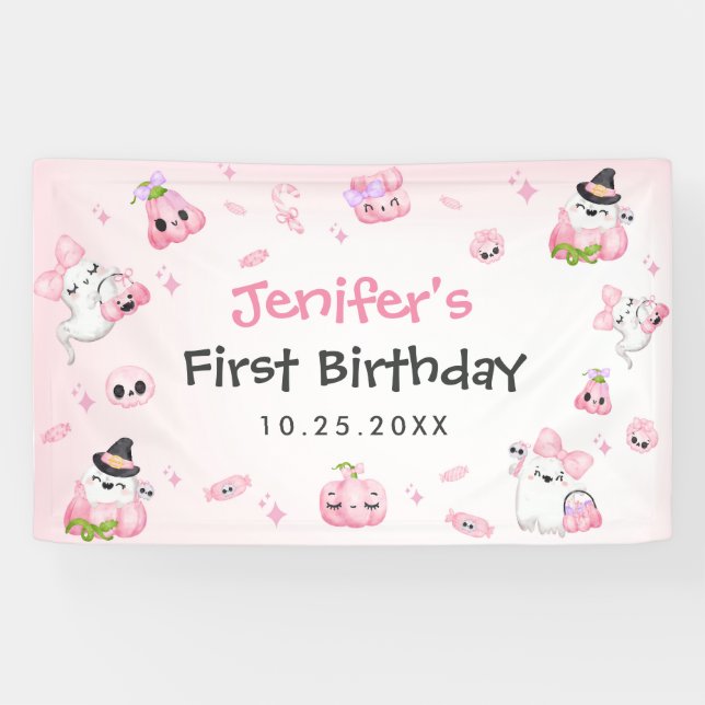 Banderoles Fantôme rose mignon Halloween 1er anniversaire (Horizontal)