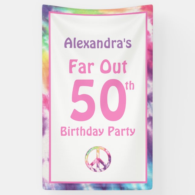 Banderoles Far Out 50th Super Tie Dye Anniversaire Nom fête (Vertical)