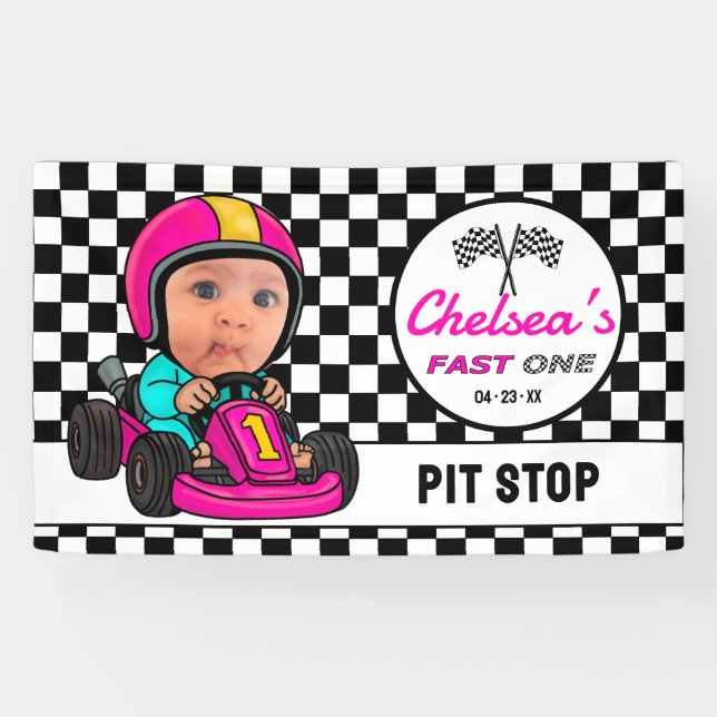 Banderoles Fast ONE | Pink Race Car Driver Pit Stop Birthday (Horizontal)