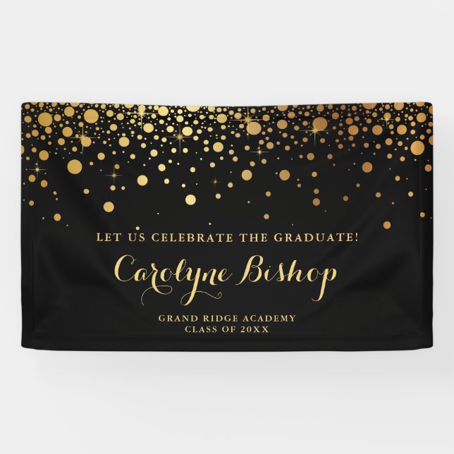 Banderoles Faux Gold Confetti Graduation personnalisée | Noir (Horizontal)