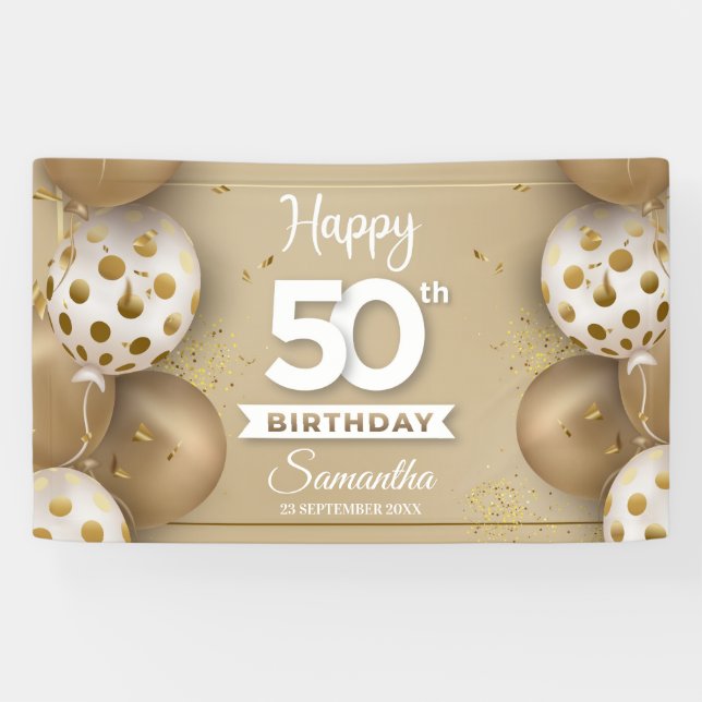 Banderoles Faux or Ballons blancs fête d'anniversaire (Horizontal)