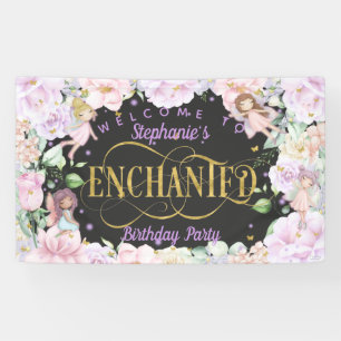 Banderoles Fée thème rose violet fleurs d'anniversaire fond